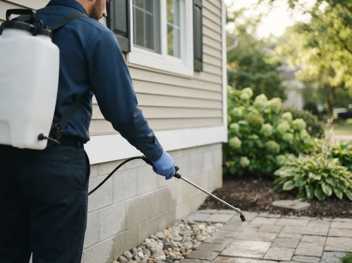 Pest control technician inspecting a home in East Branch, NY